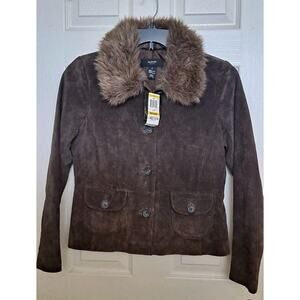 Alfani Jacket Women’s Sz Petite M, Suede Brown, fur collar Button Up, NWT $149